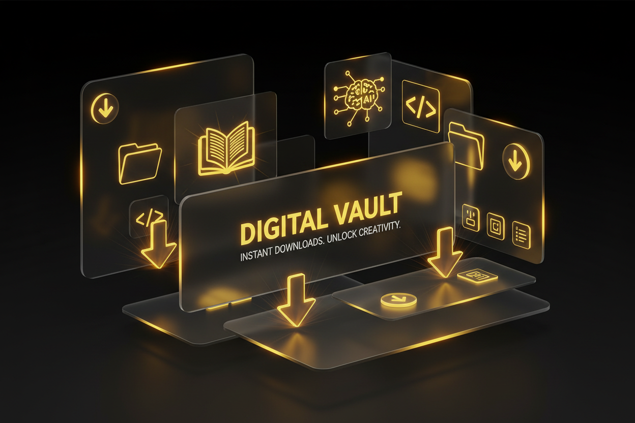 This is an image for the Image with Text section. Could you please do me an image that looks something like it becomes very obvious that this is a site to download digital products. Make it quite modern as possible. If you can use any of the 3D-type stuff for the glass morphism or stuff like that, if you can, that'd be awesome! If not, just make it nice and catchy. My color scheme (main color scheme of the whole site) is black and yellow, I had considered changing the yellow to purple, but that wouldn't pop